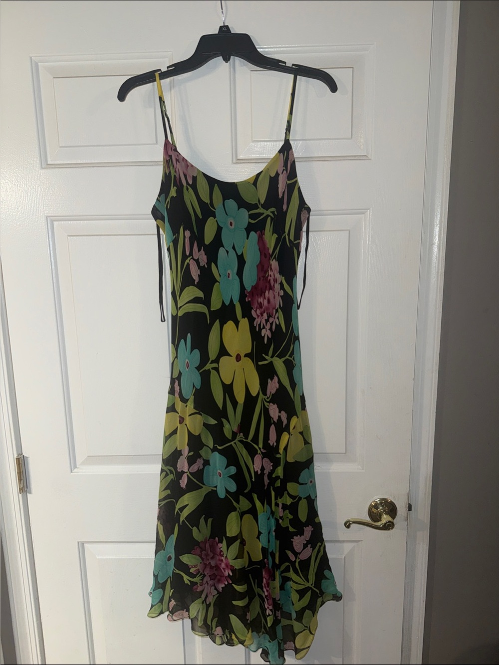 Nine West Black Floral Slip Midi Dress with Teal, Lime & Pink Blooms